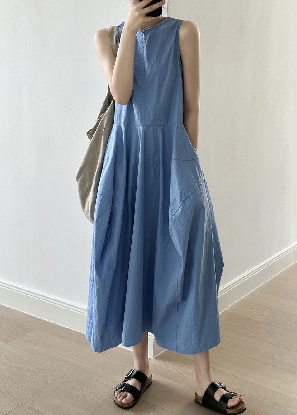 New Blue O-neck Pockets Cotton Long Dresses Sleeveless Qe009