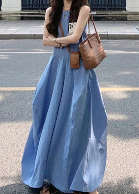 New Blue O Neck Pockets Cotton Long Dress Sleeveless Qf049
