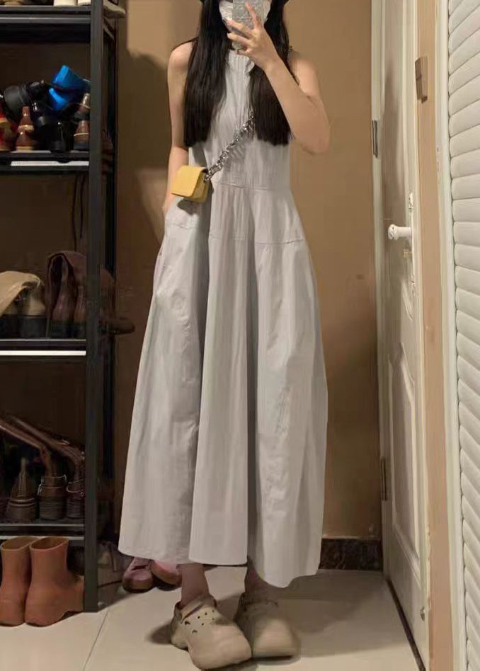 New Blue O Neck Pockets Cotton Long Dress Sleeveless Qf049