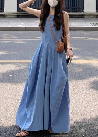 New Blue O Neck Pockets Cotton Long Dress Sleeveless Qf049