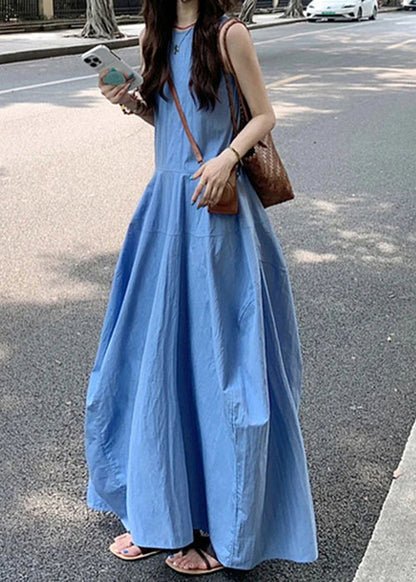 New Blue O Neck Pockets Cotton Long Dress Sleeveless Qf049