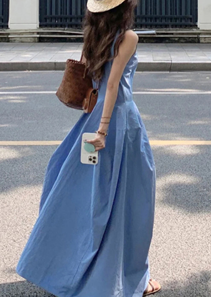 New Blue O Neck Pockets Cotton Long Dress Sleeveless Qf049