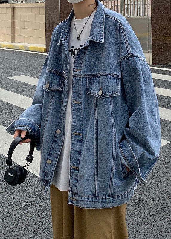 Button Denim New Collar Pan Peter Coat Spring Blue Pockets