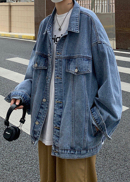 Button Denim New Collar Pan Peter Coat Spring Blue Pockets