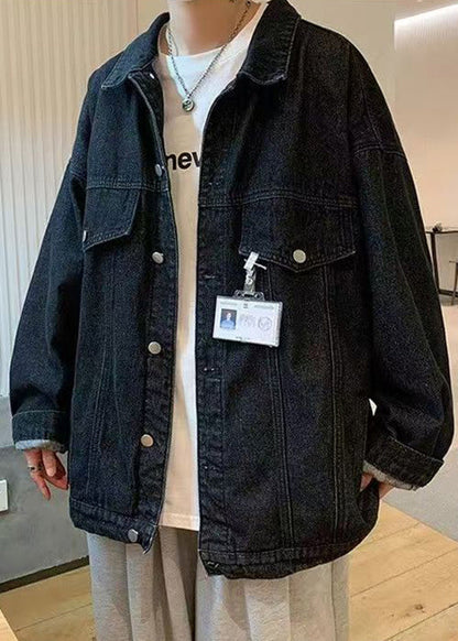Button Denim New Collar Pan Peter Coat Spring Blue Pockets
