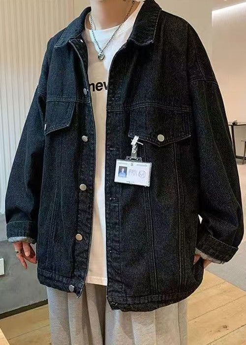 Button Denim New Collar Pan Peter Coat Spring Blue Pockets
