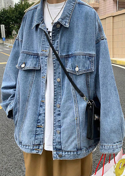 Button Denim New Collar Pan Peter Coat Spring Blue Pockets