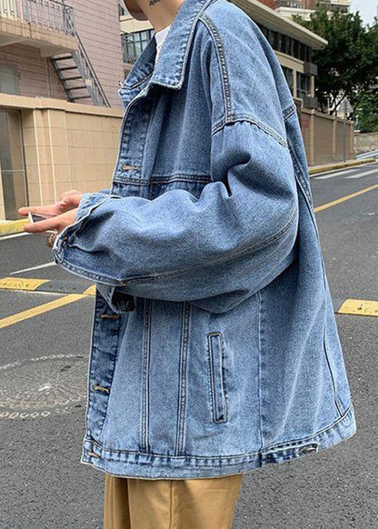 Button Denim New Collar Pan Peter Coat Spring Blue Pockets