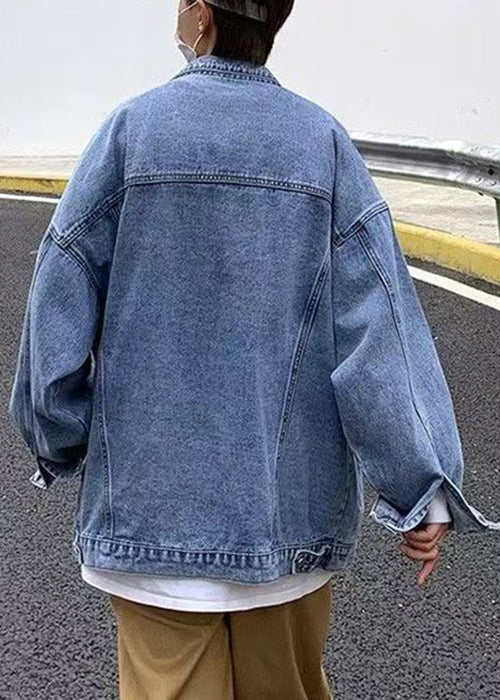 Button Denim New Collar Pan Peter Coat Spring Blue Pockets