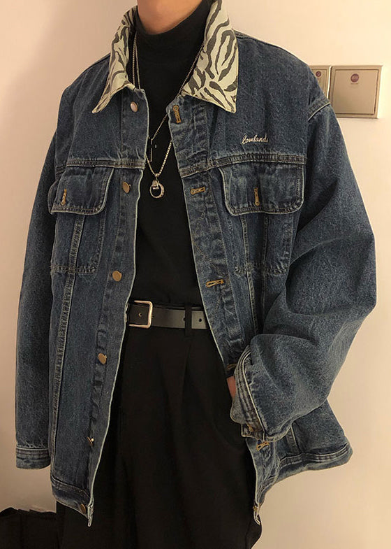 Spring Denim Blue Pan Coat Peter Pockets Collar Tc047 New