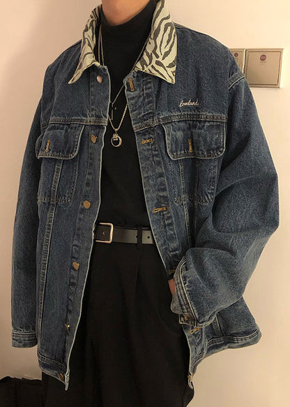 Spring Denim Blue Pan Coat Peter Pockets Collar Tc047 New