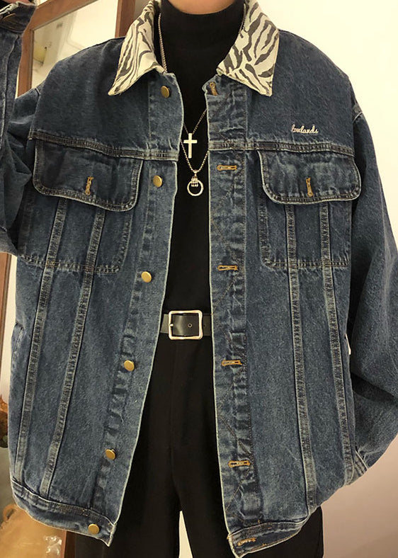 Spring Denim Blue Pan Coat Peter Pockets Collar Tc047 New
