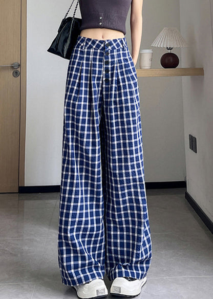 New Blue Plaid High Waist Cotton Wide Leg Pants Fall Ab1028
