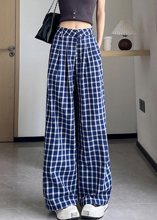 New Blue Plaid High Waist Cotton Wide Leg Pants Fall Ab1028