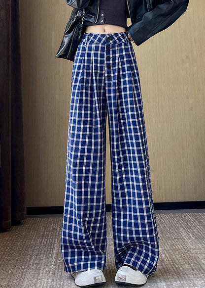 New Blue Plaid High Waist Cotton Wide Leg Pants Fall Ab1028