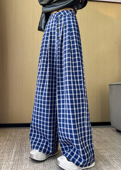 New Blue Plaid High Waist Cotton Wide Leg Pants Fall Ab1028
