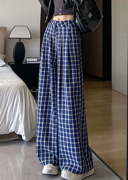 New Blue Plaid High Waist Cotton Wide Leg Pants Fall Ab1028