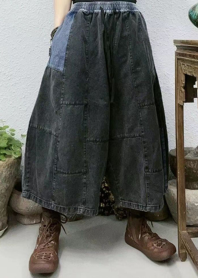 New Blue Pockets Elastic Waist Patchwork Denim Crop Pants Summer Vv095