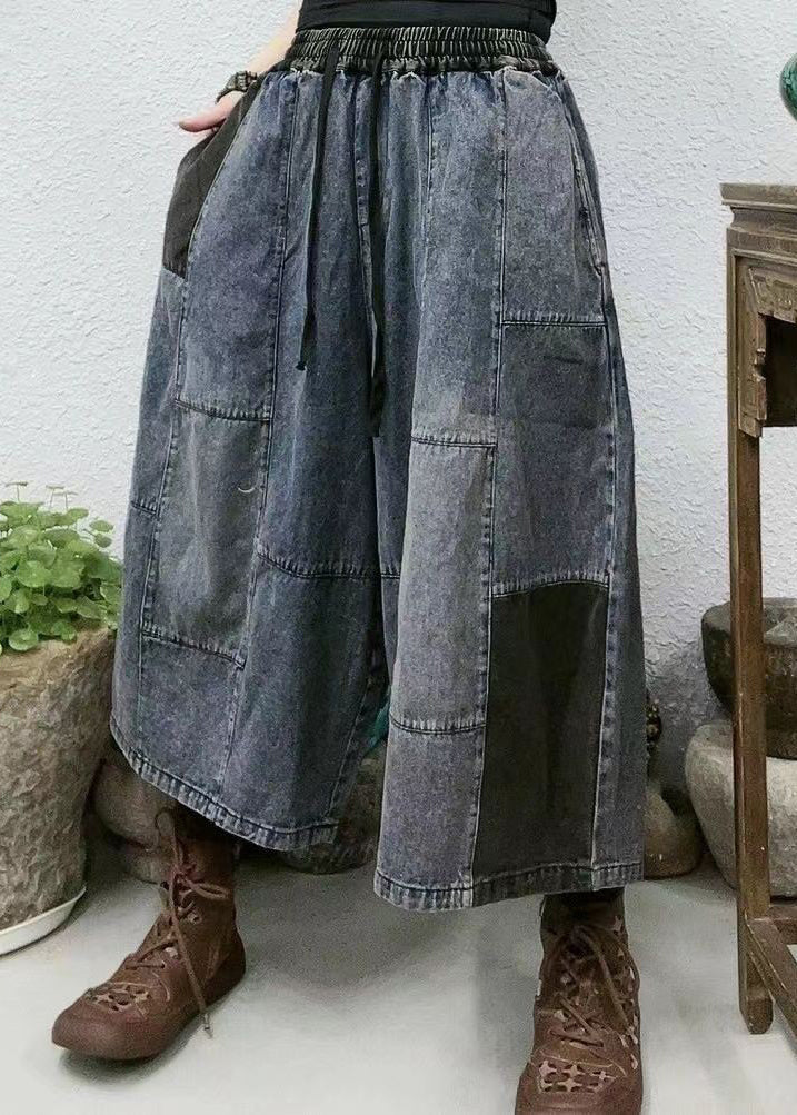 New Blue Pockets Elastic Waist Patchwork Denim Crop Pants Summer Vv095
