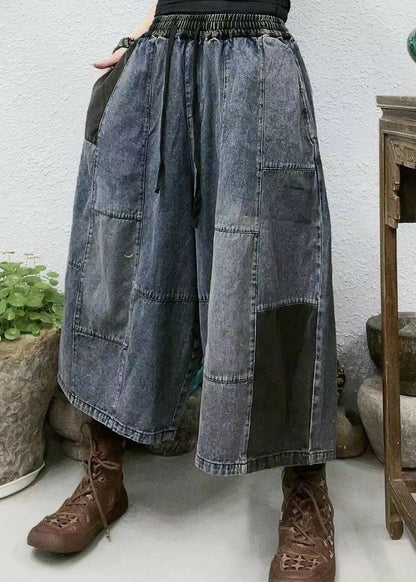 New Blue Pockets Elastic Waist Patchwork Denim Crop Pants Summer Vv095