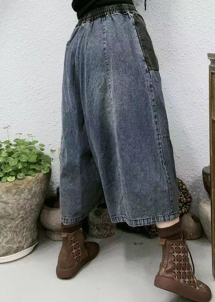 New Blue Pockets Elastic Waist Patchwork Denim Crop Pants Summer Vv095