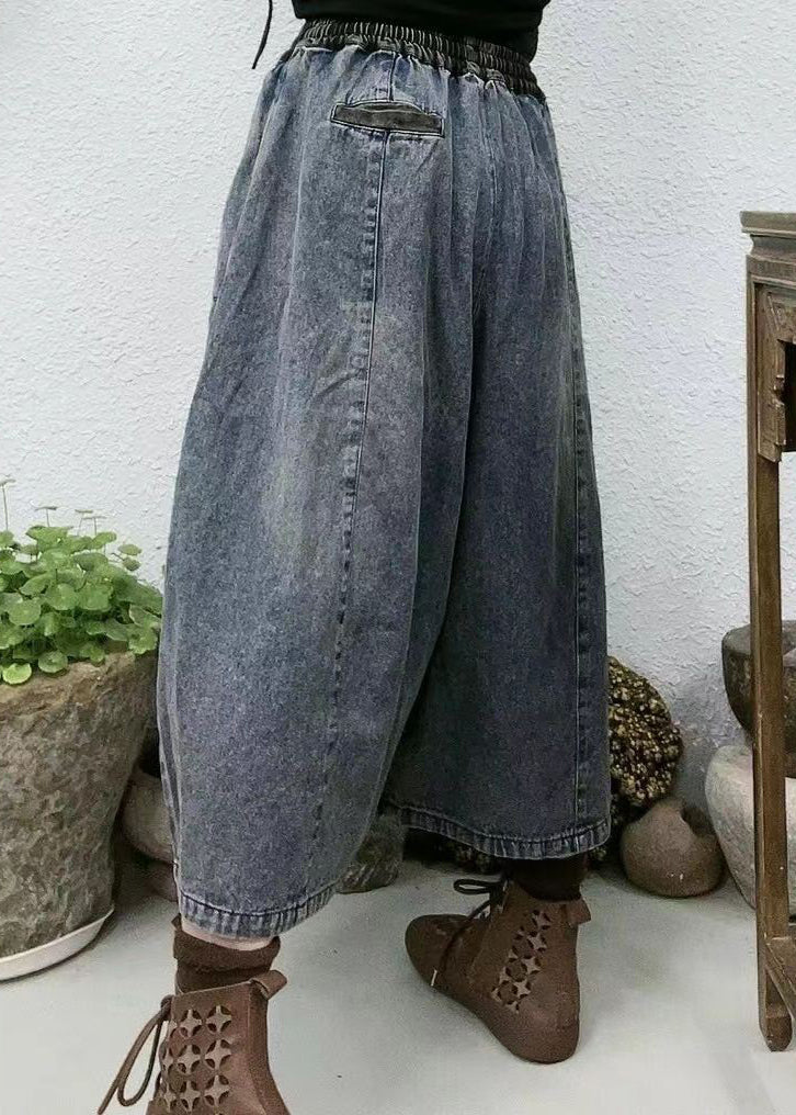 New Blue Pockets Elastic Waist Patchwork Denim Crop Pants Summer Vv095