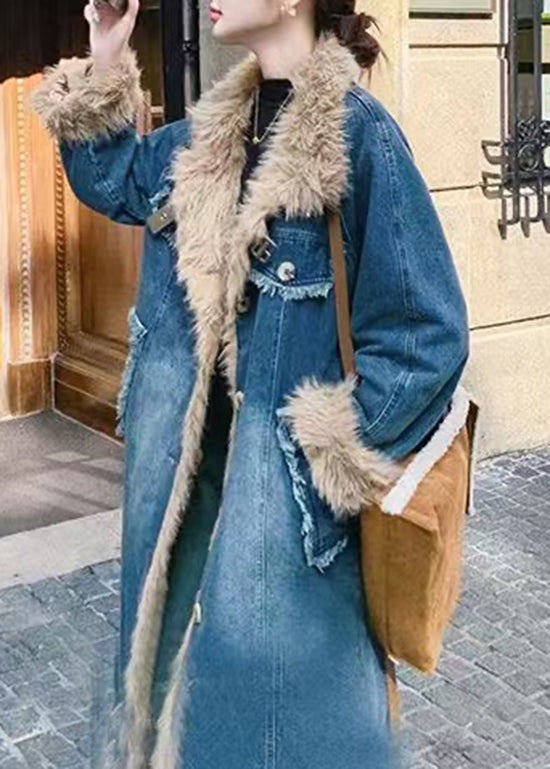 New Blue Pockets Faux Fur Patchwork Fine Cotton Filled Denim Coat Winter Yf005