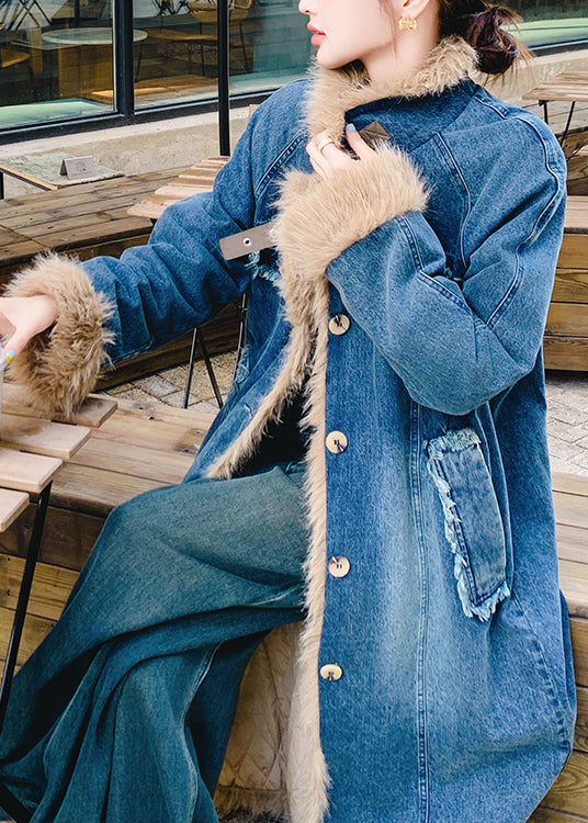 New Blue Pockets Faux Fur Patchwork Fine Cotton Filled Denim Coat Winter Yf005