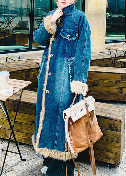 New Blue Pockets Faux Fur Patchwork Fine Cotton Filled Denim Coat Winter Yf005