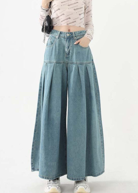 New Blue Pockets High Waist Denim Wide Leg Pants Spring Ab1059