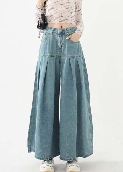 New Blue Pockets High Waist Denim Wide Leg Pants Spring Ab1059