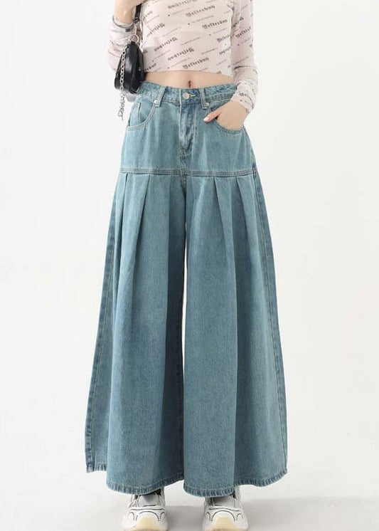 New Blue Pockets High Waist Denim Wide Leg Pants Spring Ab1059