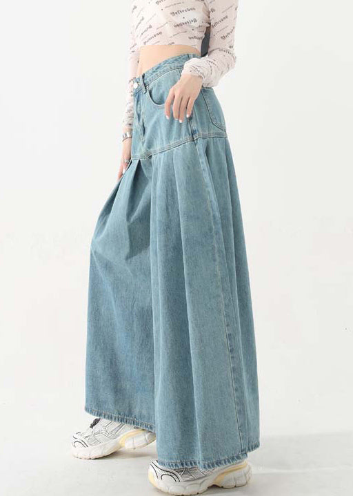 New Blue Pockets High Waist Denim Wide Leg Pants Spring Ab1059