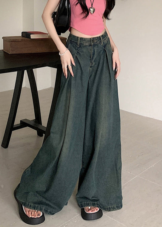 New Blue Pockets High Waist Denim Wide Leg Pants Summer Pp009