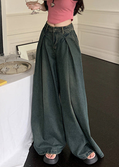 New Blue Pockets High Waist Denim Wide Leg Pants Summer Pp009