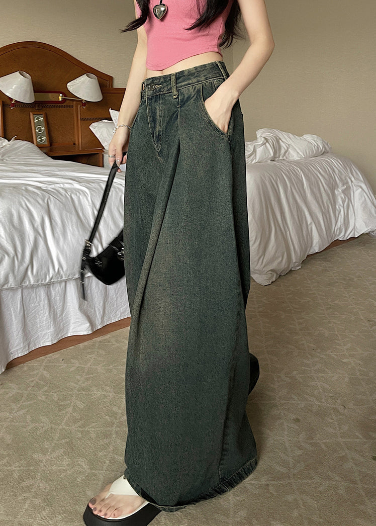 New Blue Pockets High Waist Denim Wide Leg Pants Summer Pp009
