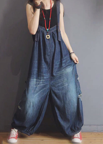 New Blue Pockets Hole Denim Jumpsuit Sleeveless Mn089