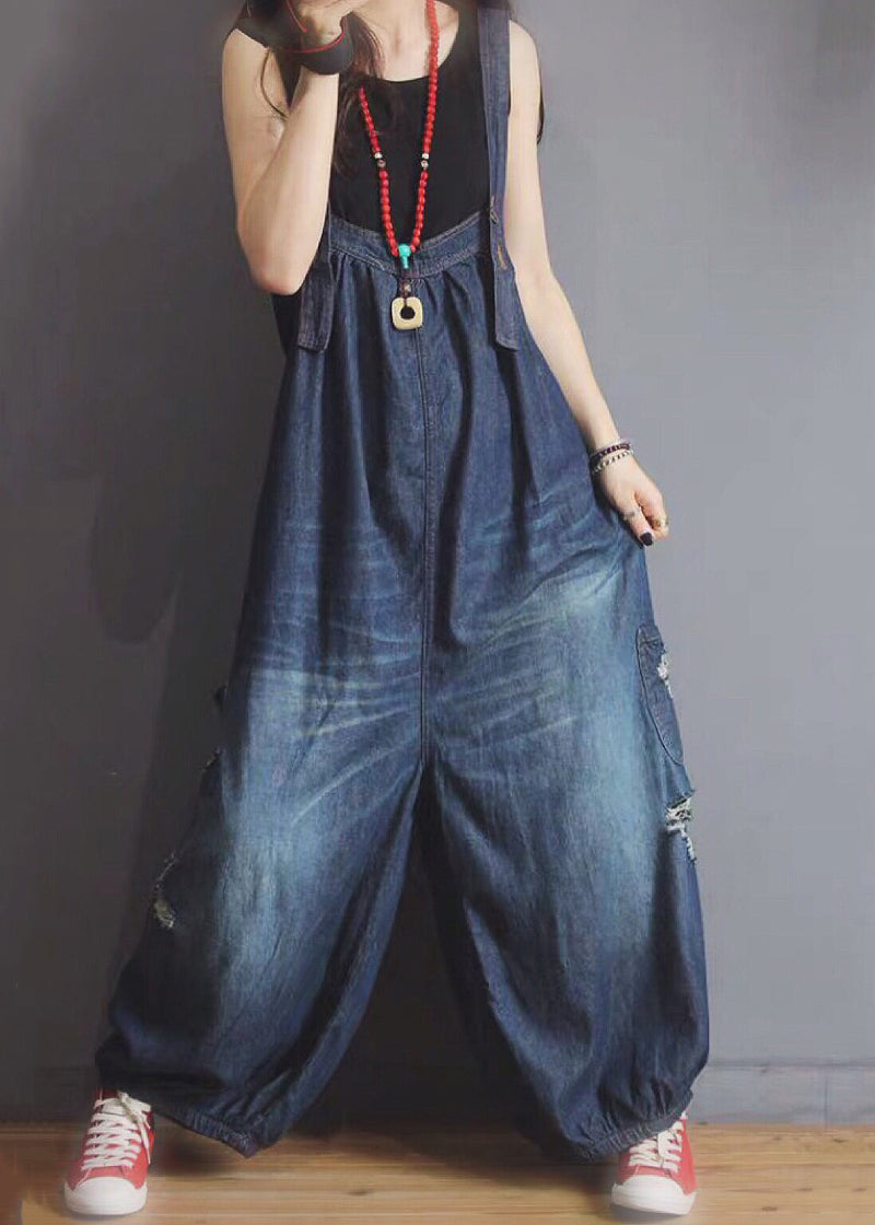 New Blue Pockets Hole Denim Jumpsuit Sleeveless Mn089