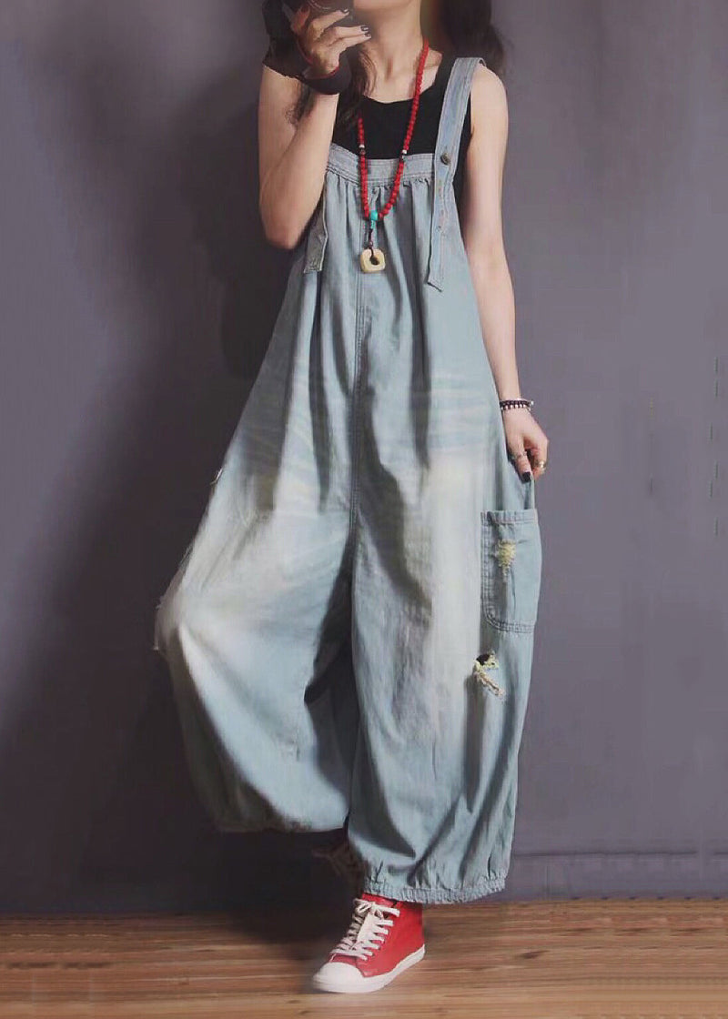 New Blue Pockets Hole Denim Jumpsuit Sleeveless Mn089