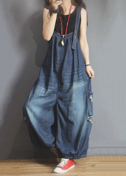 New Blue Pockets Hole Denim Jumpsuit Sleeveless Mn089