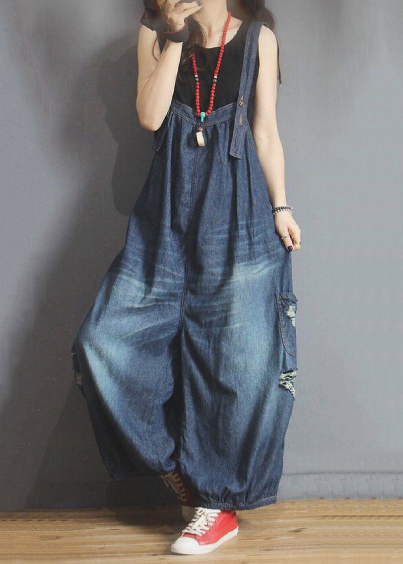 New Blue Pockets Hole Denim Jumpsuit Sleeveless Mn089