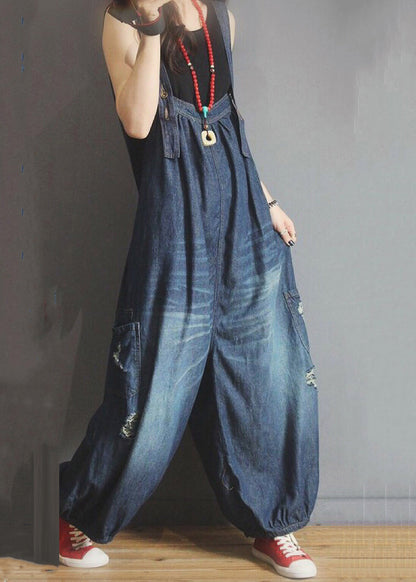 New Blue Pockets Hole Denim Jumpsuit Sleeveless Mn089