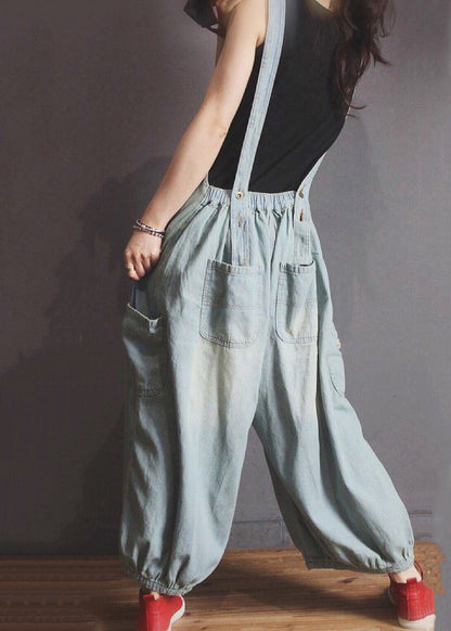 New Blue Pockets Hole Denim Jumpsuit Sleeveless Mn089