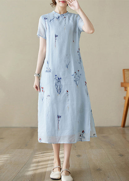 New Blue Print Pockets Linen Long Dress Summer Jh066
