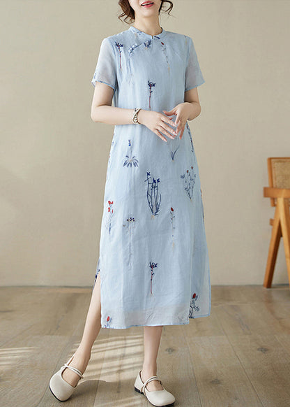 New Blue Print Pockets Linen Long Dress Summer Jh066