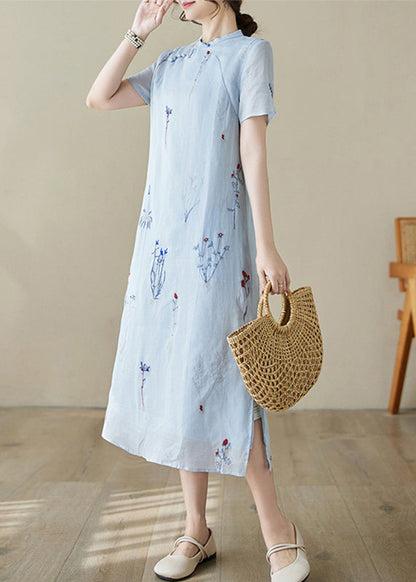 New Blue Print Pockets Linen Long Dress Summer Jh066