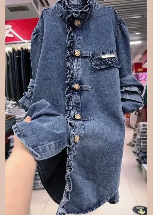 New Blue Ruffled Button Denim Coats Long Sleeve Cg1056