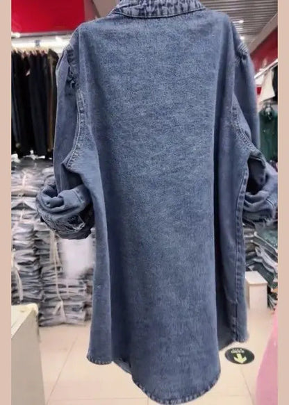 New Blue Ruffled Button Denim Coats Long Sleeve Cg1056
