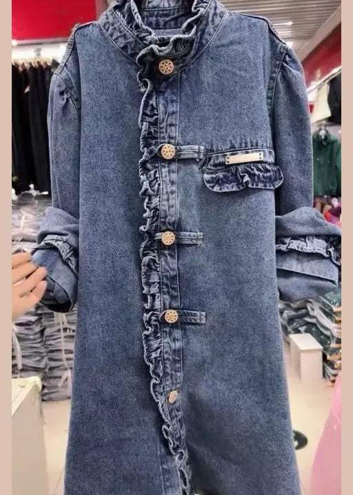 New Blue Ruffled Button Denim Coats Long Sleeve Cg1056