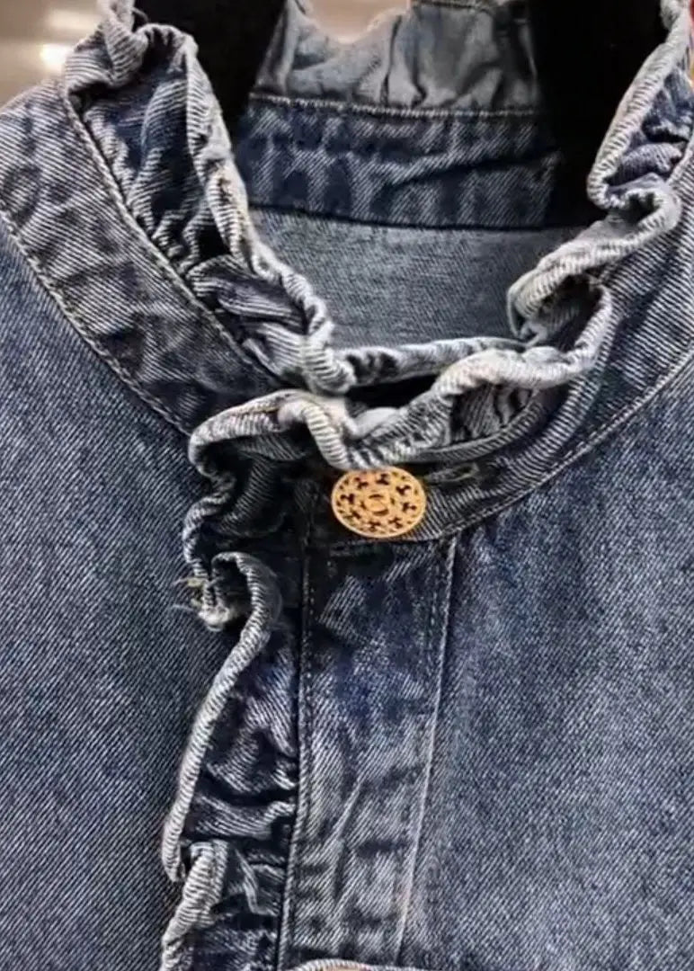 New Blue Ruffled Button Denim Coats Long Sleeve Cg1056